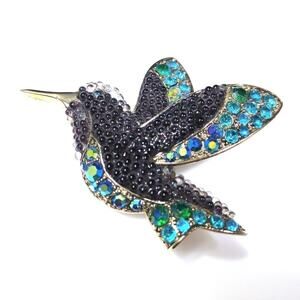 Vintage Liz Claiborne Hummingbird Rhinestone Brooch, Black Bead Teal, 2 1/4 Inch